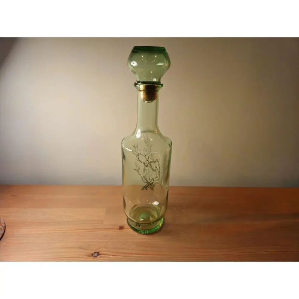 Vintage 1960's Green Willow Glass Liquor Decanter Gold Tree White Blossom 12